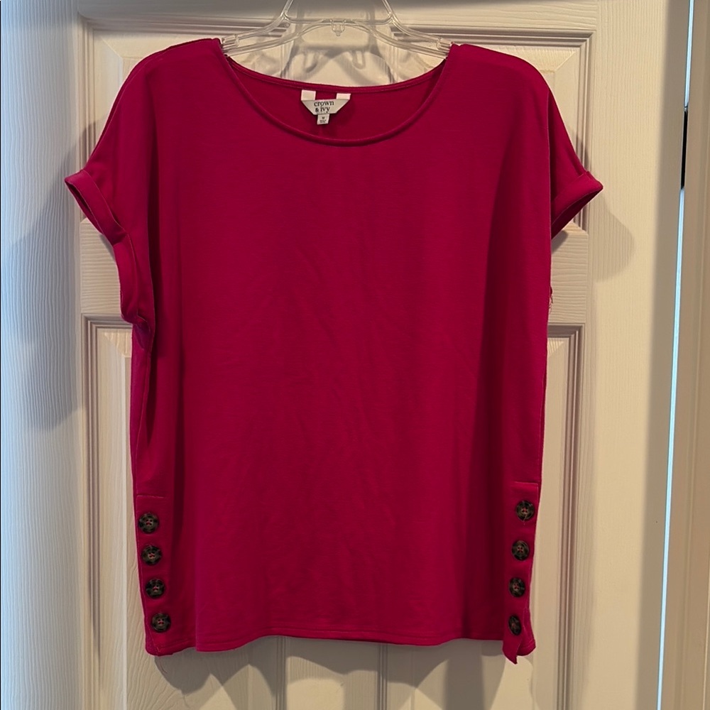 Crown & Ivy Pink Boxy Top with Cuffed Cap Sleeves and Side Buttons